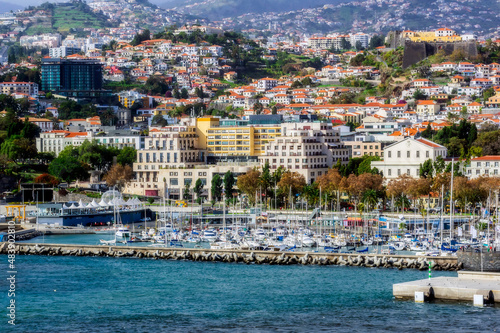 Portugal, Madeira, Funchal, Yachts moored in harbor of coastal city