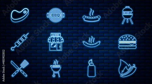 Set line Hot chili pepper pod, Burger, Hotdog sandwich, Barbecue shopping building, Grilled shish kebab, Steak meat, Sausage and grill icon. Vector