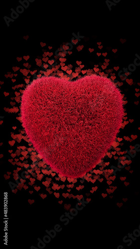 Abstract red fur hearts on dark background. Concept  valentine s day  anniversary  mother s day  marriage  invitation e-card  14th-day February.