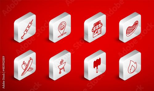 Set line Fire flame, Location with fire, Barbecue shopping building, Steak meat, steel grid, Grilled shish kebab, grill and Crossed hot chili pepper pod icon. Vector