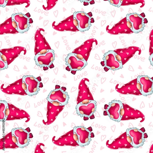 Valentine's Day. Gnome with hearts. Seamless pattern, print design for clothing, textiles, packaging.
