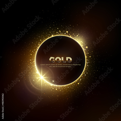 Gold circle of shiny particles on a dark background. Shining gold frame, place for text. Invitation vector background. Round border, frame. Card party Invitation. Lens flare effect on dark