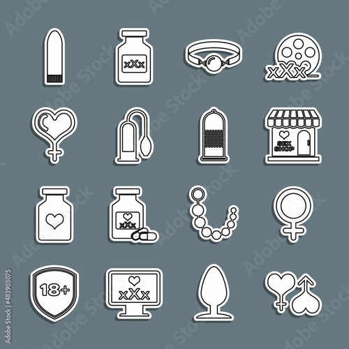 Set line Male and female heart, Female gender symbol, Sex shop building, Silicone ball gag, Penis pump, Dildo vibrator and Condom safe sex icon. Vector