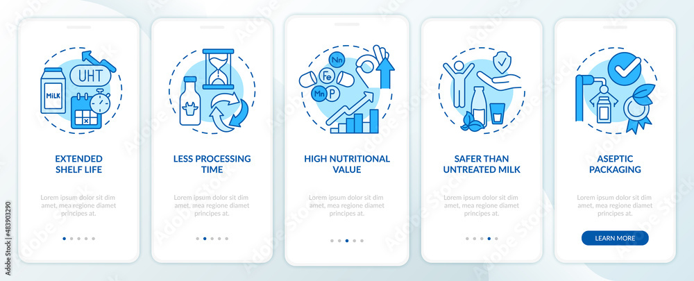 Advantages of UHT milk blue onboarding mobile app screen. Pasteurization walkthrough 5 steps graphic instructions pages with linear concepts. UI, UX, GUI template. Myriad Pro-Bold, Regular fonts used