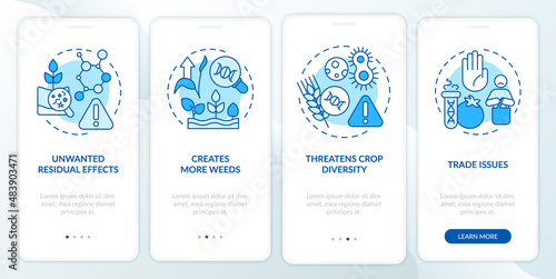 Disadvantages of gmo blue onboarding mobile app screen. Food issues walkthrough 4 steps graphic instructions pages with linear concepts. UI, UX, GUI template. Myriad Pro-Bold, Regular fonts used