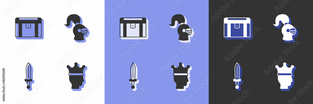 Set King crown, Antique treasure chest, Medieval sword and helmet icon. Vector