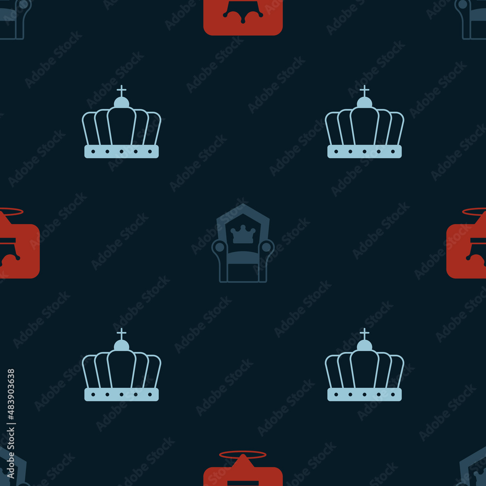 Set King crown, Medieval throne and on seamless pattern. Vector