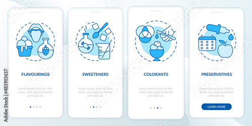 Food additives blue onboarding mobile app screen. Synthetic and natural walkthrough 4 steps graphic instructions pages with linear concepts. UI, UX, GUI template. Myriad Pro-Bold, Regular fonts used