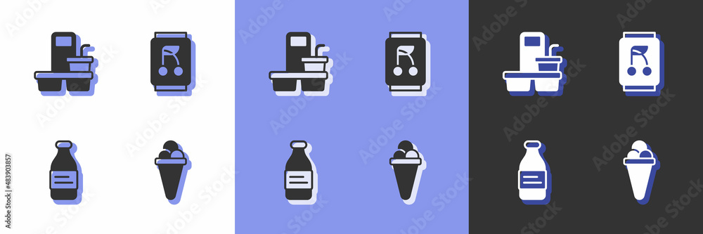 Set Ice cream in waffle, Coffee cup to go, Bottle water and Soda can icon. Vector Set Ice cream in waffle, Coffee cup to go, Bottle water and Soda can icon. Vector