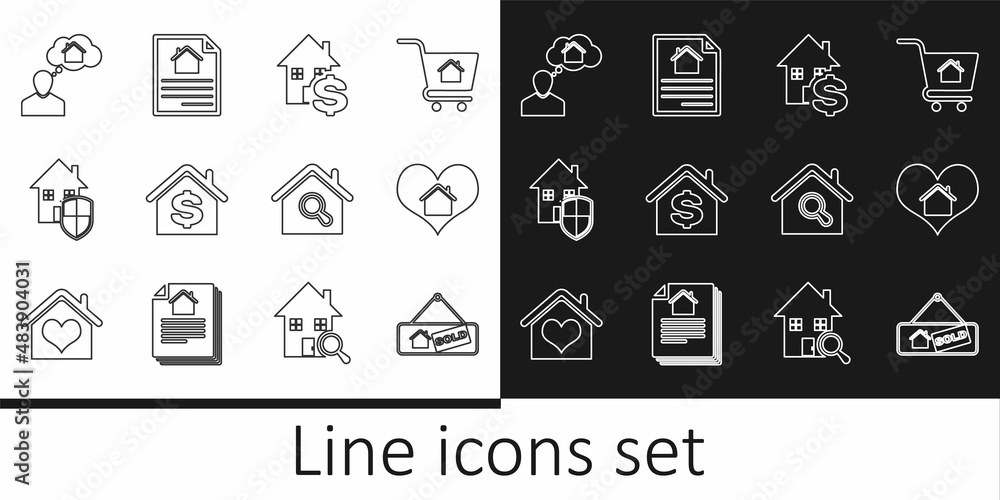 Set line Hanging sign with Sold, House heart shape, dollar, under protection, Man dreaming about buying house, Search and contract icon. Vector