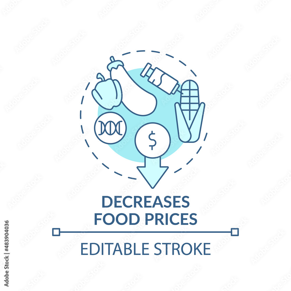 Fototapeta premium Decreases food prices turquoise concept icon. Genetically modified food abstract idea thin line illustration. Isolated outline drawing. Editable stroke. Arial, Myriad Pro-Bold fonts used