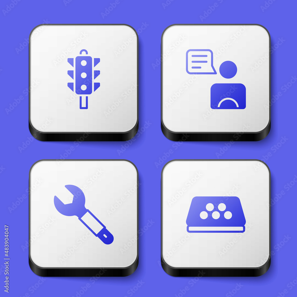 Set Traffic light, Taxi driver, Wrench spanner and car roof icon. White square button. Vector Set Traffic light, Taxi driver, Wrench spanner and car roof icon. White square button. Vector