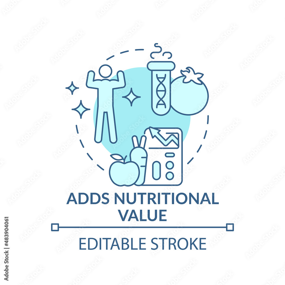 Adds nutritional value turquoise concept icon. Genetically modified food abstract idea thin line illustration. Isolated outline drawing. Editable stroke. Arial, Myriad Pro-Bold fonts used