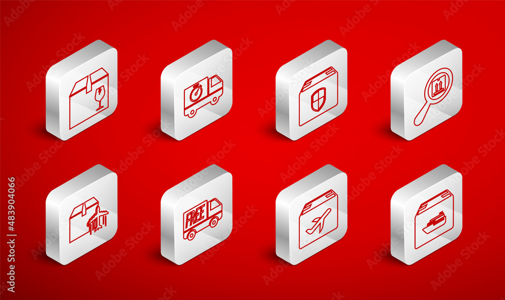 Set line Cargo ship with boxes, Delivery truck and stopwatch, security shield, Search package, Plane cardboard, fragile content, Free delivery service and icon. Vector Set line Cargo ship with boxes, Delivery truck and stopwatch, security shield, Search package, Plane cardboard, fragile content, Free delivery service and icon. Vector