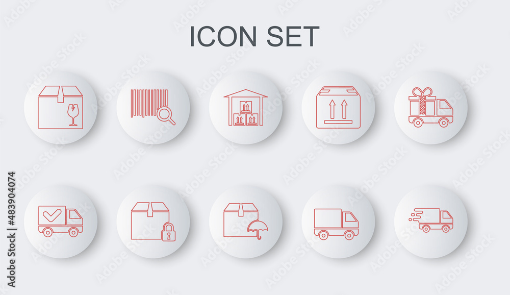 Set line Delivery truck in movement, with check mark, Warehouse, cargo vehicle, box fragile content, Search barcode, Locked package and umbrella icon. Vector Set line Delivery truck in movement, with check mark, Warehouse, cargo vehicle, box fragile content, Search barcode, Locked package and umbrella icon. Vector