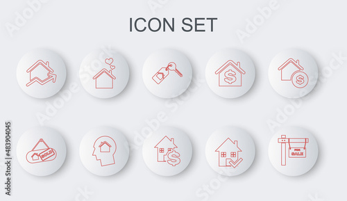 Set line Hanging sign with For Sale, Sold, House key, check mark, Rising cost of housing, heart shape, Man dreaming about buying house and dollar icon. Vector