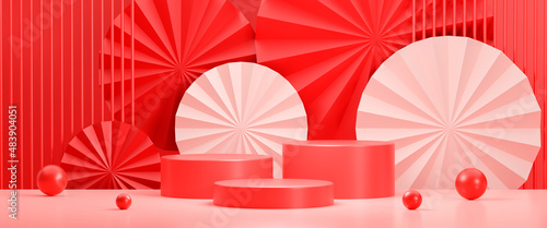 Chinese new year and Product display for display concept.Red podium display mockup on red abstract background with hand paper fan.3d rendering geometric shape.minimal abstract background,copy space.