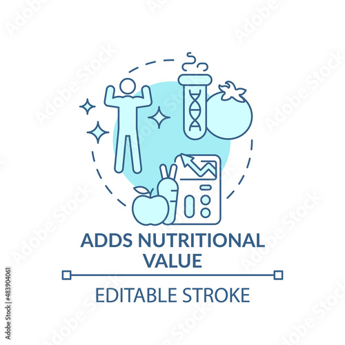 Adds nutritional value turquoise concept icon. Genetically modified food abstract idea thin line illustration. Isolated outline drawing. Editable stroke. Arial, Myriad Pro-Bold fonts used