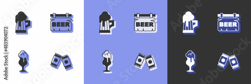 Set Beer can, Wooden beer mug, Glass of and Street signboard with icon. Vector