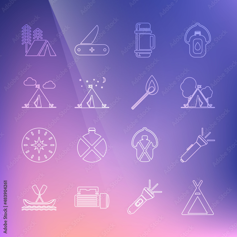 Set line Tourist tent, Flashlight, with flag, Thermos container, and Burning match fire icon. Vector Set line Tourist tent, Flashlight, with flag, Thermos container, and Burning match fire icon. Vector