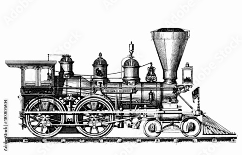 Vintage Locomotive. Retro train. Raster sketch illustration. Isolated on white background.