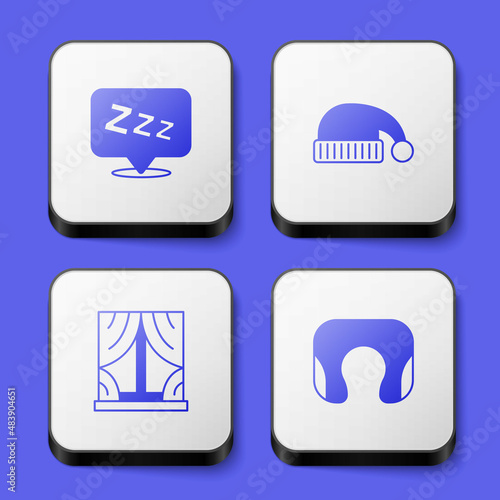 Set Sleepy, Sleeping hat, Window with curtains and Travel neck pillow icon. White square button. Vector
