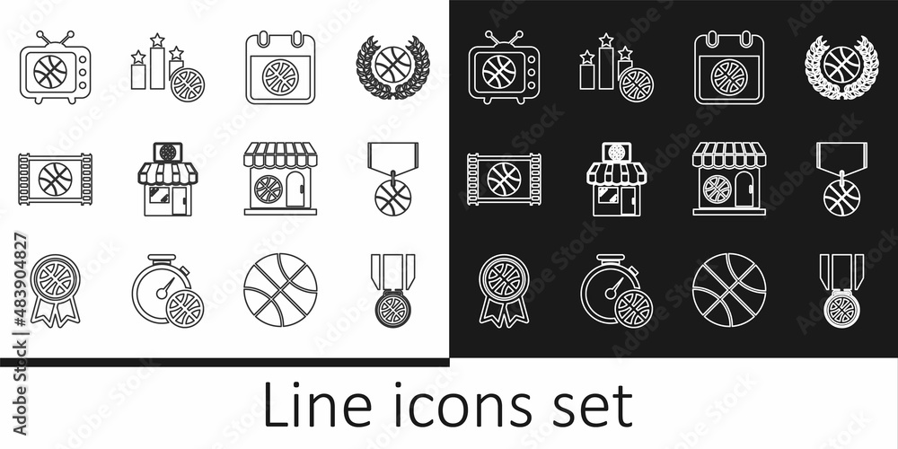 Set line Basketball medal, on sport calendar, Sports shop and basketball, game video, match tv, and winner podium icon. Vector