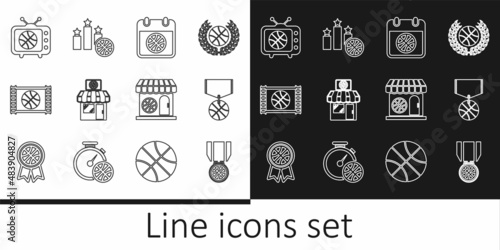 Set line Basketball medal  on sport calendar  Sports shop and basketball  game video  match tv  and winner podium icon. Vector