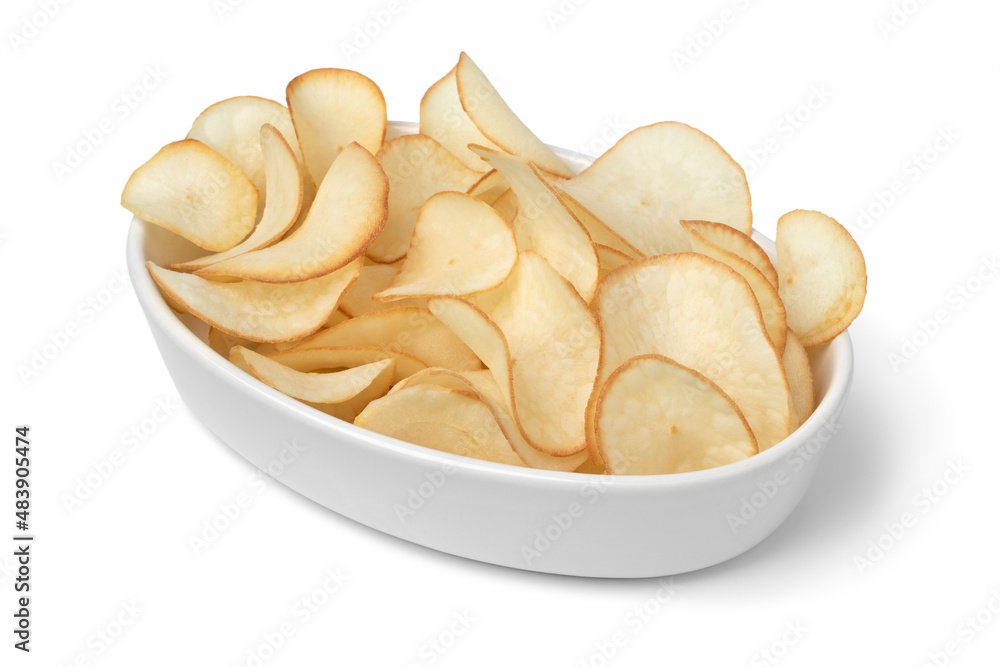 Bowl with deep fried cassava chips close up isolated on white background Bowl with deep fried cassava chips close up isolated on white background