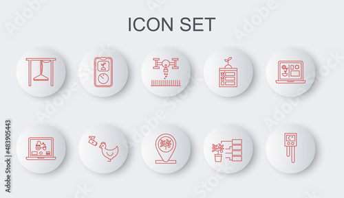 Set line Temperature and humidity sensor, Smart with drone, Flower analysis, Automatic irrigation sprinklers, farming technology, Chicken camera and Location tree icon. Vector