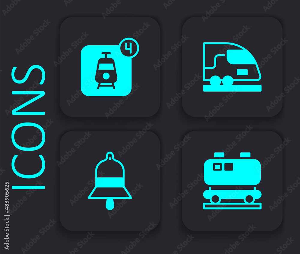 Set Oil railway cistern, Online ticket booking, High-speed train and Train station bell icon. Black square button. Vector Set Oil railway cistern, Online ticket booking, High-speed train and Train station bell icon. Black square button. Vector