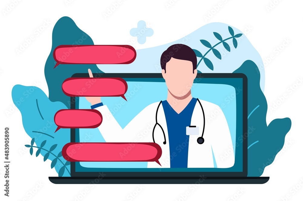 consultation with medical specialist online, doctor on laptop screen leads appointment, telemedicine flat vector illustration consultation with medical specialist online, doctor on laptop screen leads appointment, telemedicine flat vector illustration