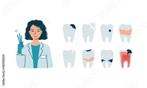 Young woman- dentist with icons of dental problems with teeth. Caries, cracks, tartar, inflammation. Dentistry, oral care and treatment. Isolated flat vector illustration