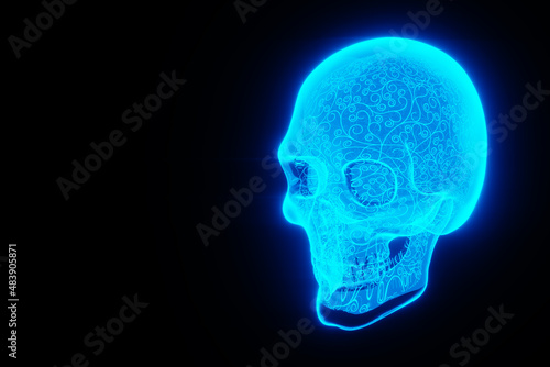 Medical poster anatomy of the human skull, the image of the bones is a hologram or x-ray. halloween Copy space, 3d illustration, 3d render.