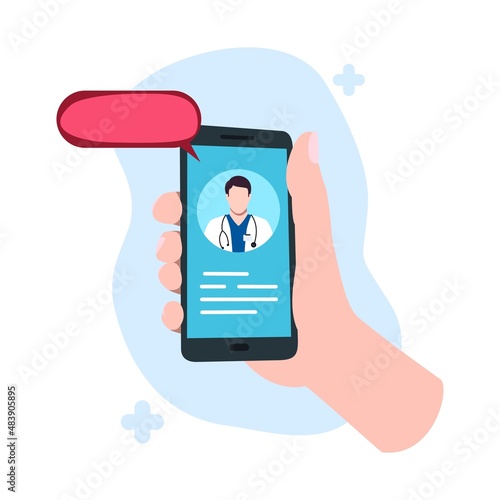 mobile application for communication with a doctor, online medical consultation, hand holding a phone, on-screen chat with a medical worker, flat isolated vector design