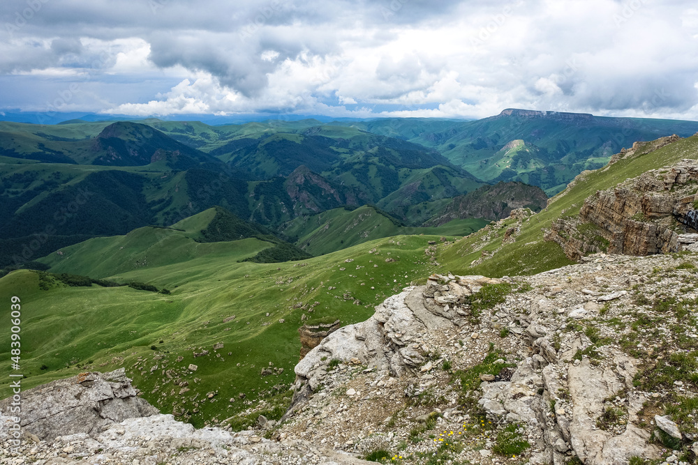 Fototapeta premium View of the mountains and the Bermamyt plateau in the Karachay-Cherkess Republic, Russia.