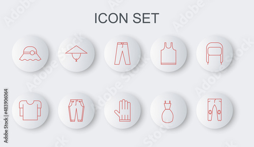 Set line Pants, Long sleeve shirt, Woman dress, Elegant women hat, Asian conical, and Leather glove icon. Vector