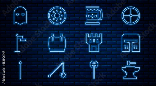 Set line Anvil for blacksmithing hammer, Medieval iron helmet, Wooden mug, Body armor, flag, Executioner mask, Castle tower and Round wooden shield icon. Vector