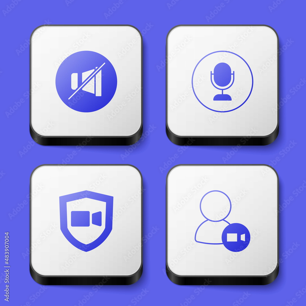 Set Mute microphone, Microphone, Video chat conference and icon. White square button. Vector
