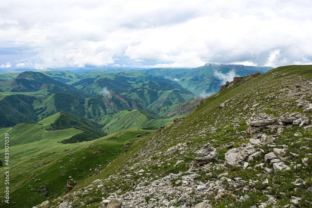 View of the mountains and the Bermamyt plateau in the Karachay-Cherkess Republic, Russia.