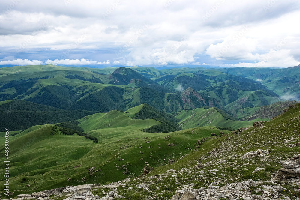 Obraz premium View of the mountains and the Bermamyt plateau in the Karachay-Cherkess Republic, Russia.