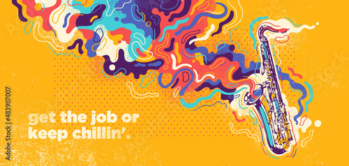 Abstract background design with saxophone and colorful splashing shapes. Vector illustration.	
