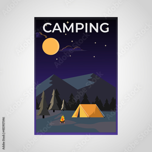 Summer camp ,tent and campfire at night background poster vector illustration design