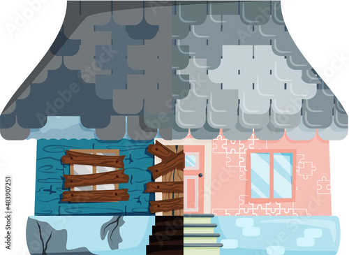 Home renovation, house before and after repair. New and old suburban cottage. Remodel construction. Old run-down house remodeled into cute traditional suburban cottage. Building maintenance service
