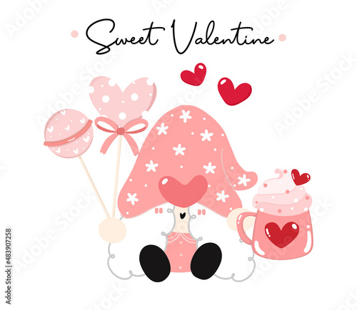 Cute Sweet valentine Gnome gril with pink whip cream mug and heart shape candy, cartoon flat vector