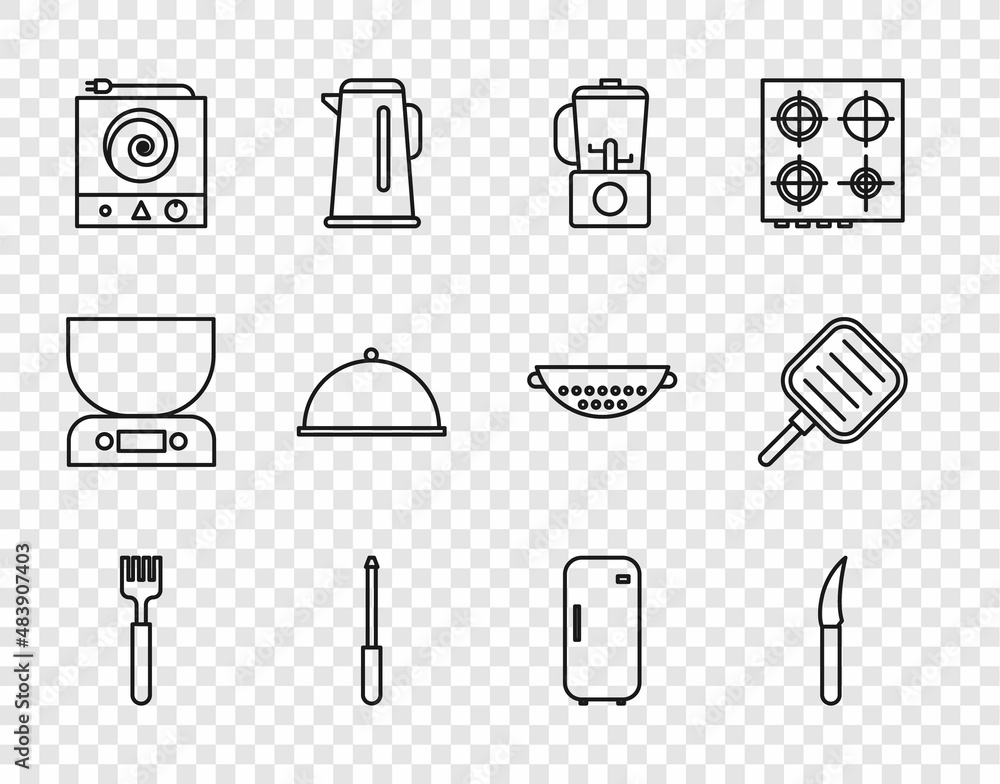 Set line Fork, Knife, Blender, sharpener, Electric stove, Covered with tray, Refrigerator and Frying pan icon. Vector Set line Fork, Knife, Blender, sharpener, Electric stove, Covered with tray, Refrigerator and Frying pan icon. Vector