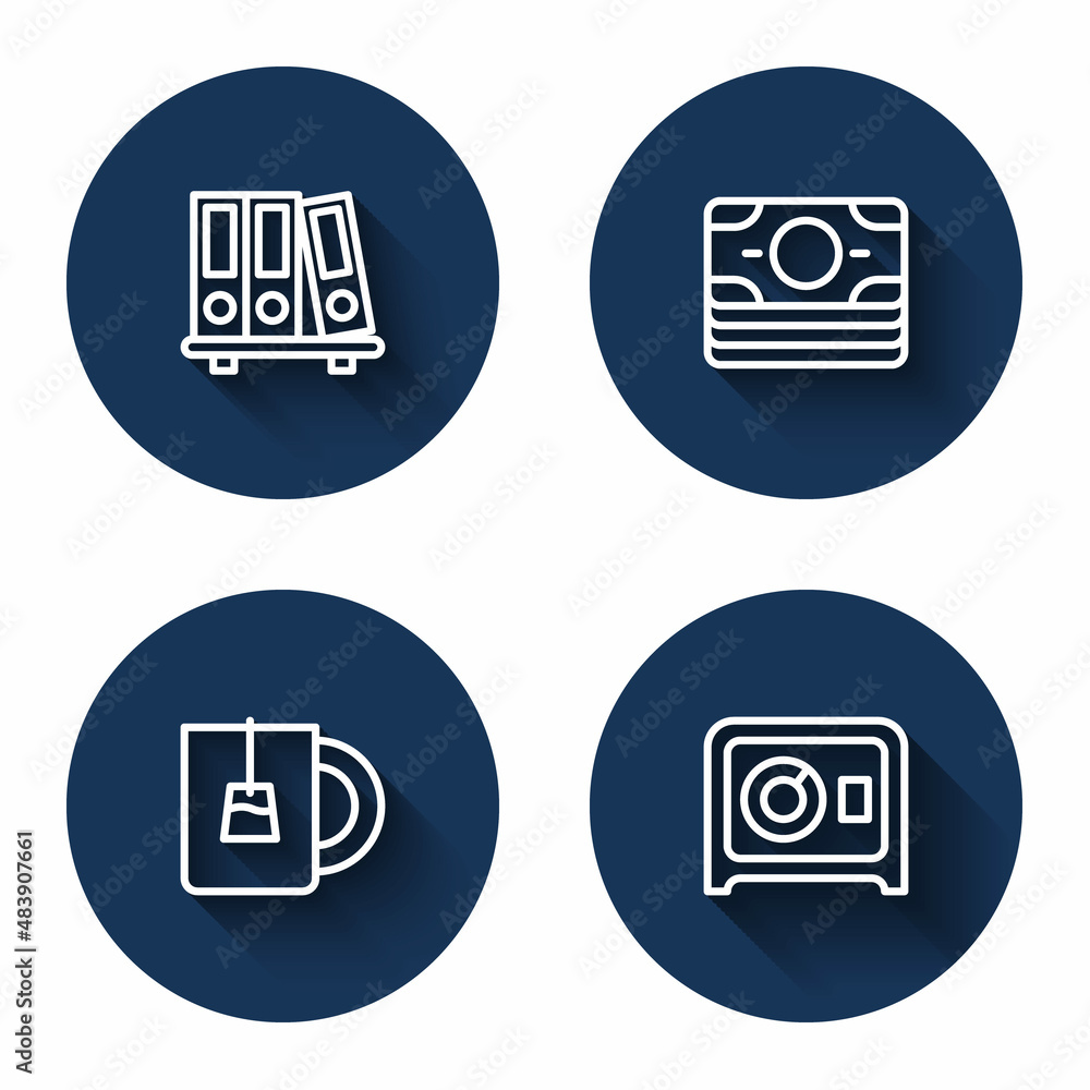 Set line Office folders, Stacks paper money cash, Cup of tea and Safe with long shadow. Blue circle button. Vector Set line Office folders, Stacks paper money cash, Cup of tea and Safe with long shadow. Blue circle button. Vector