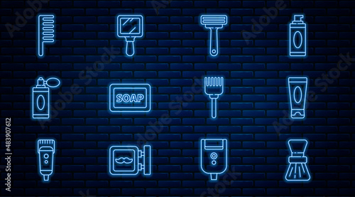 Set line Shaving brush, Cream or lotion cosmetic tube, razor, Bar of soap with foam, Aftershave bottle atomizer, Hairbrush, and Hand mirror icon. Vector