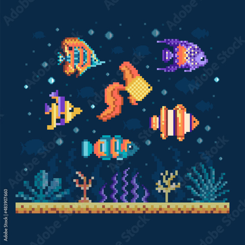 Pixel Art Fishes on Seabed Underwater Landscape