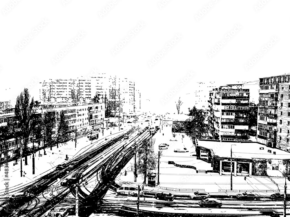 Black and white illustration - city street in winter on a white background